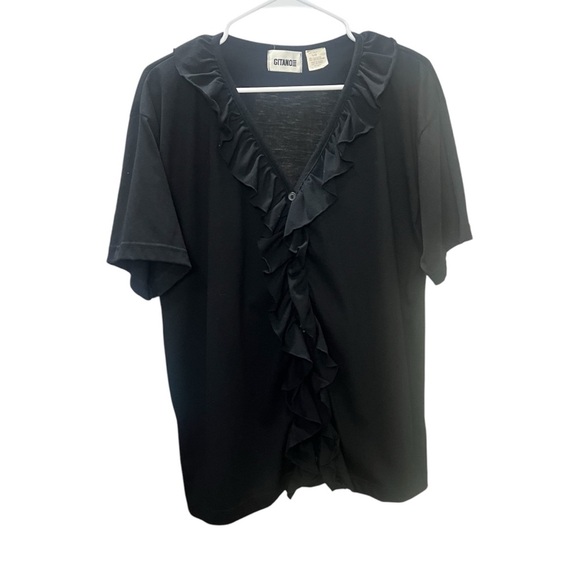 GITANO Black Ruffle Blouse Short Sleeve Shirt Casual Button Down size Large - Picture 1 of 7
